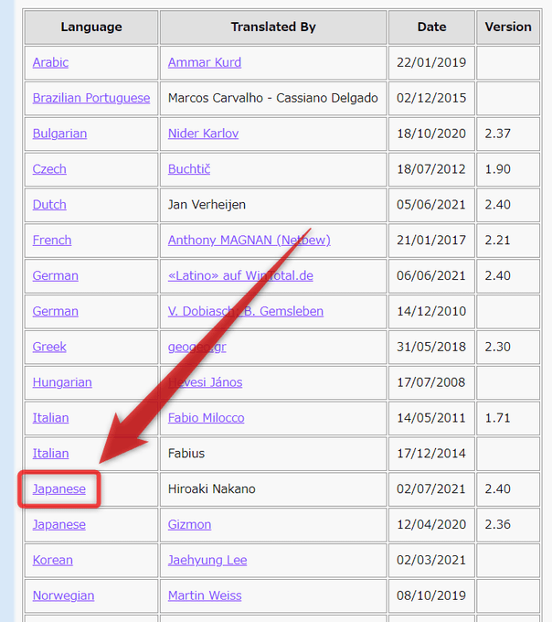 「Japanese」というリンクをクリックする