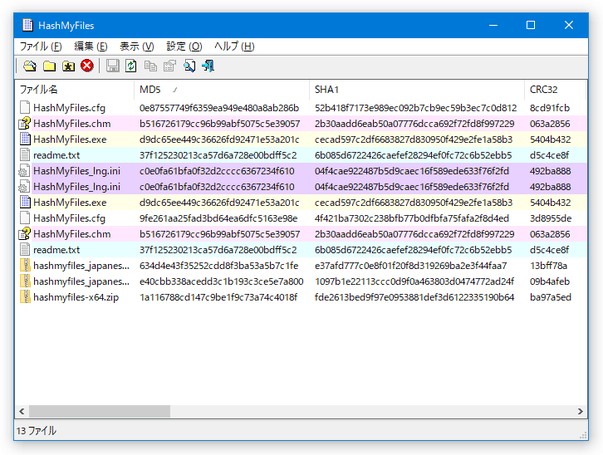同一のハッシュ値を持つファイルがリスト上にあれば、それらがピンクやイエロー、水色... などの色で対になって表示される
