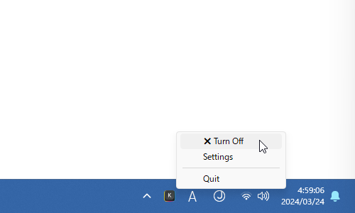 タスクトレイアイコンを右クリックして「Turn Off」を選択する