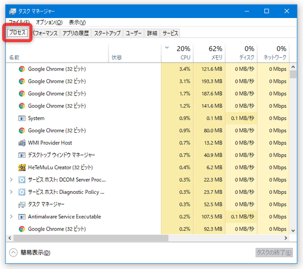 「Tab」キーを押し、「プロセス」タブにフォーカスを合わせる