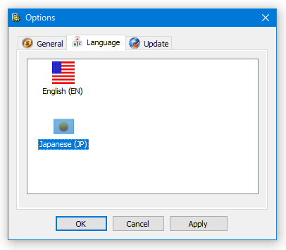 「Language」タブを開き、「Japanese (JP) 」を選択 → 左下の「OK」ボタンをクリックする