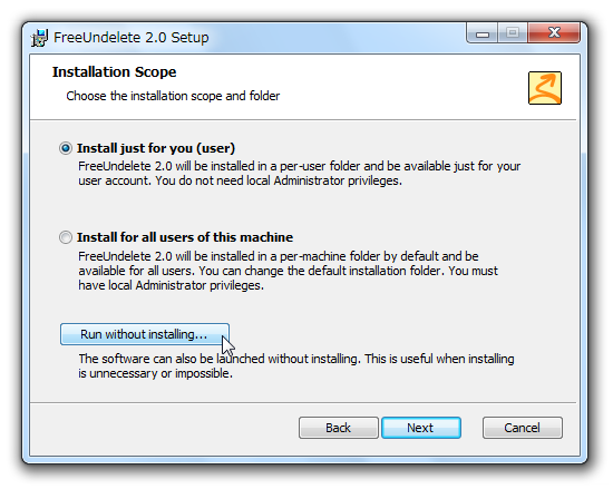 「Run without installing...」ボタンをクリックする
