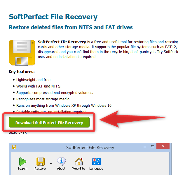 ダウンロード先のページでは、下の方にある「SoftPerfect File Recovery」をダウンロードする