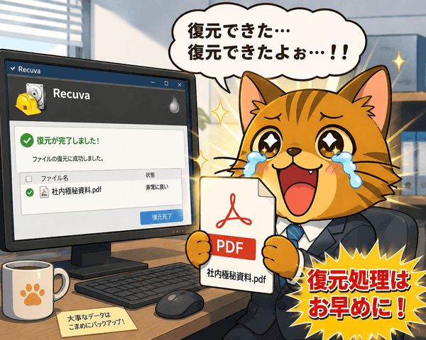 重要書類を復元できて喜ぶ k本的キャット君