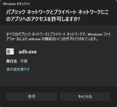パブリックネットワークとプライベートネットワークにこのアプリへのアクセスを許可しますか？
