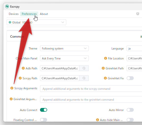 「Preferences」タブを開く