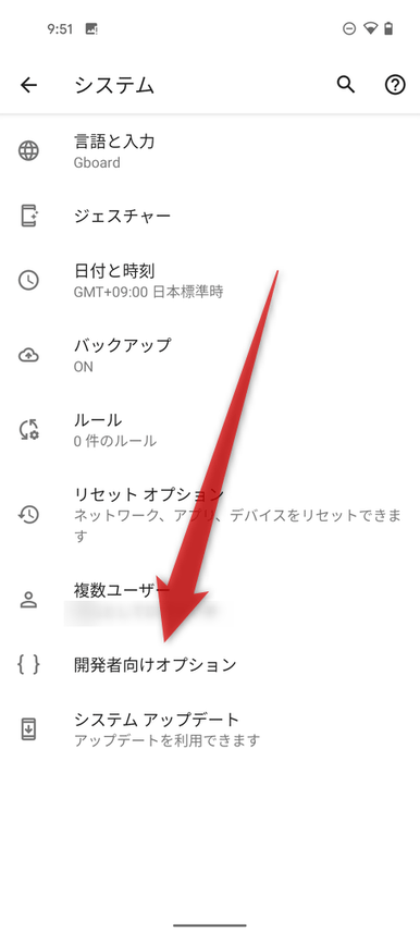 「開発者向けオプション」をタップする