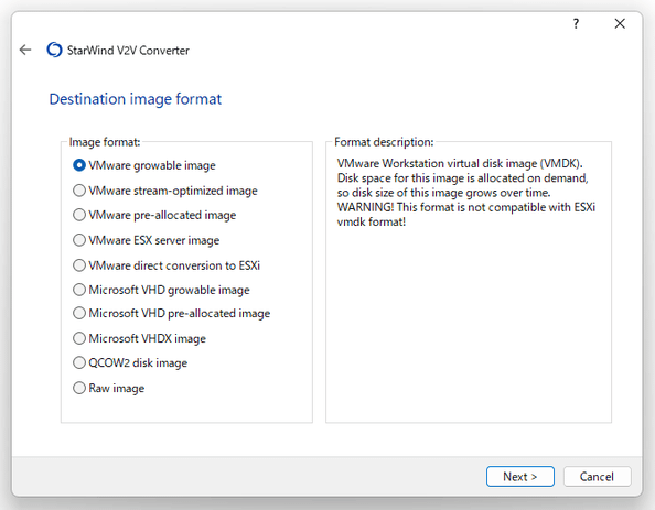 Destination image format